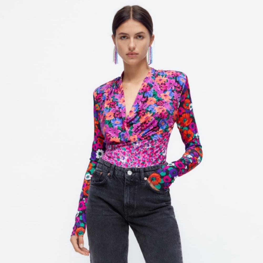 ZARA Printed Multicolored Top with Shoulder Pads